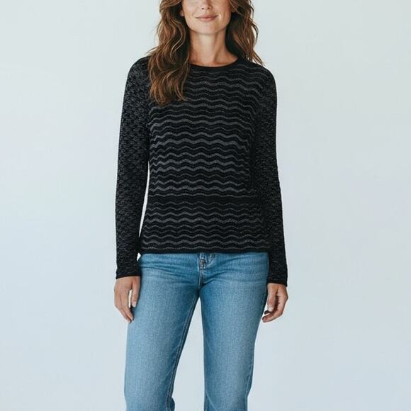 Tory Burch Metallic Lurex Textured Peplum Merino Wool Sweater Women's Sz XS Navy - Picture 1 of 6